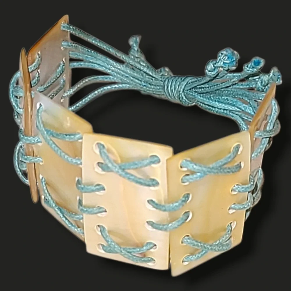 Vintage MOP Mother of Pearl Panel Bracelet Turquoise Cord Slide Adjustable